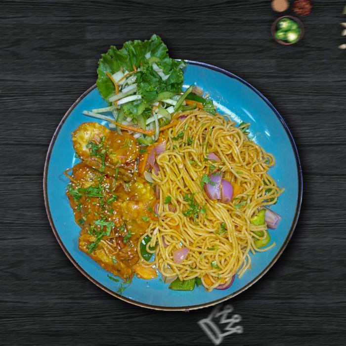 Spicy Noodles/Fried Rice, Soya Garlic Chicken Fish Cake and Salad